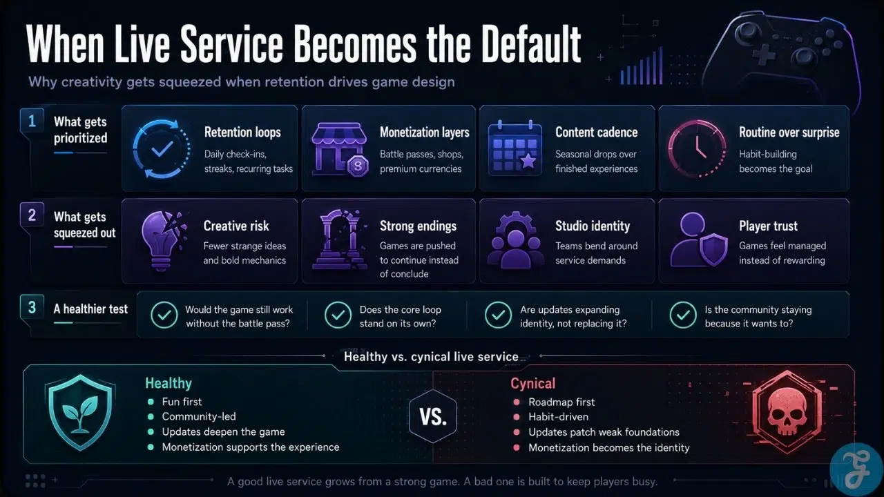 Infographic showing how live service games prioritize retention loops, monetization layers, content cadence, and routine over creative risk and player trust.