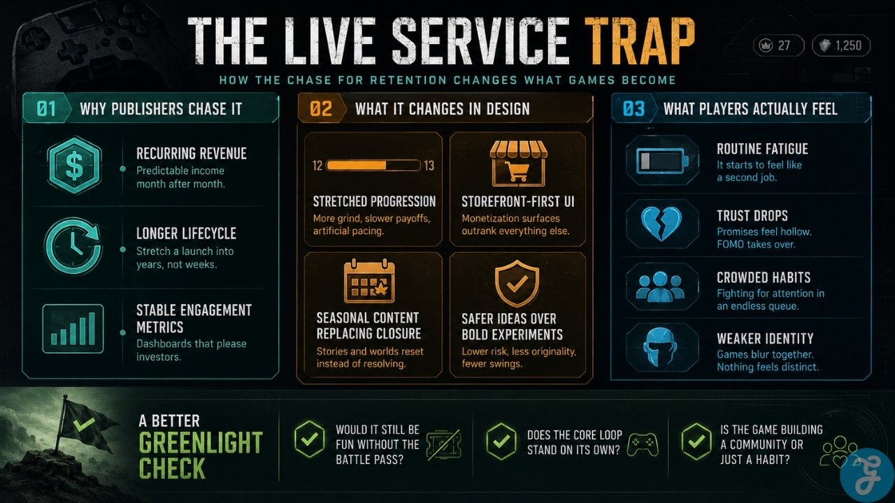 Infographic explaining the live service trap in gaming, showing how publishers chase recurring revenue while game design shifts toward habits and monetization.