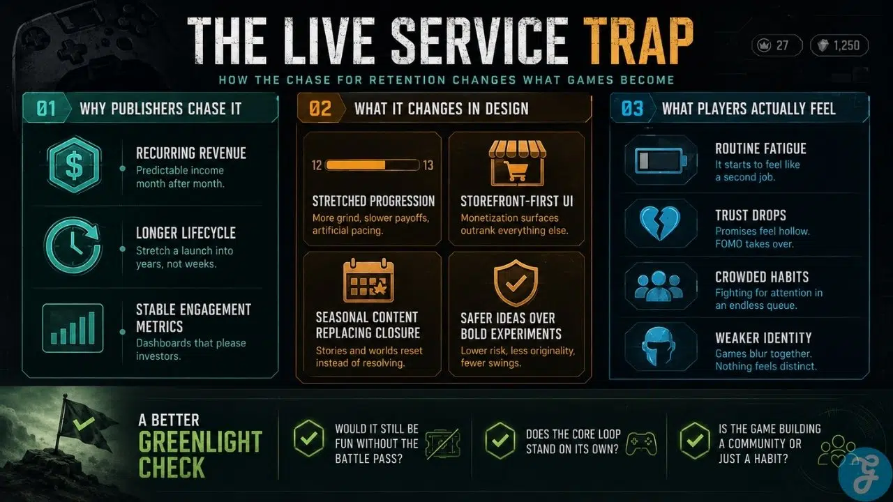 Infographic explaining the live service trap in gaming, showing how publishers chase recurring revenue while game design shifts toward habits and monetization.