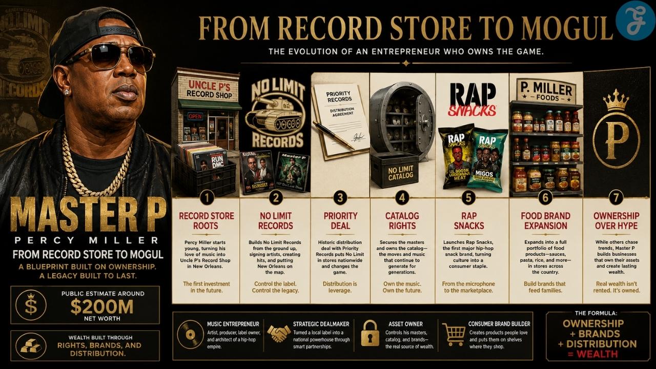 Master P inspired business mogul in a luxury office with music awards, record shelves, snack products, and city skyline symbolizing ownership driven wealth Image name: master p net worth featured image