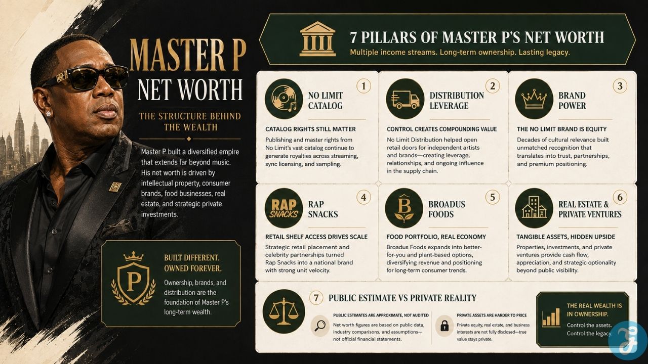 Master P net worth infographic explaining the seven wealth pillars behind his fortune, including No Limit catalog rights, distribution leverage, Rap Snacks, Broadus Foods, real estate, and private ventures