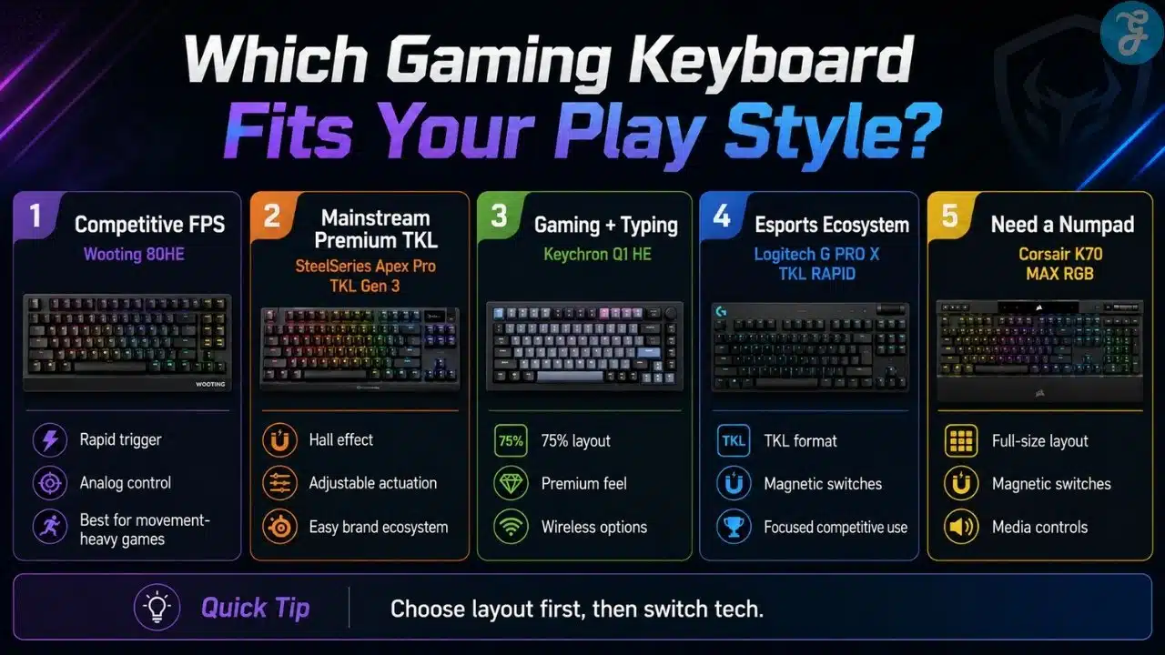 Infographic showing which gaming keyboard fits different play styles, including competitive FPS, premium TKL, gaming and typing balance, esports use, and full-size layouts.