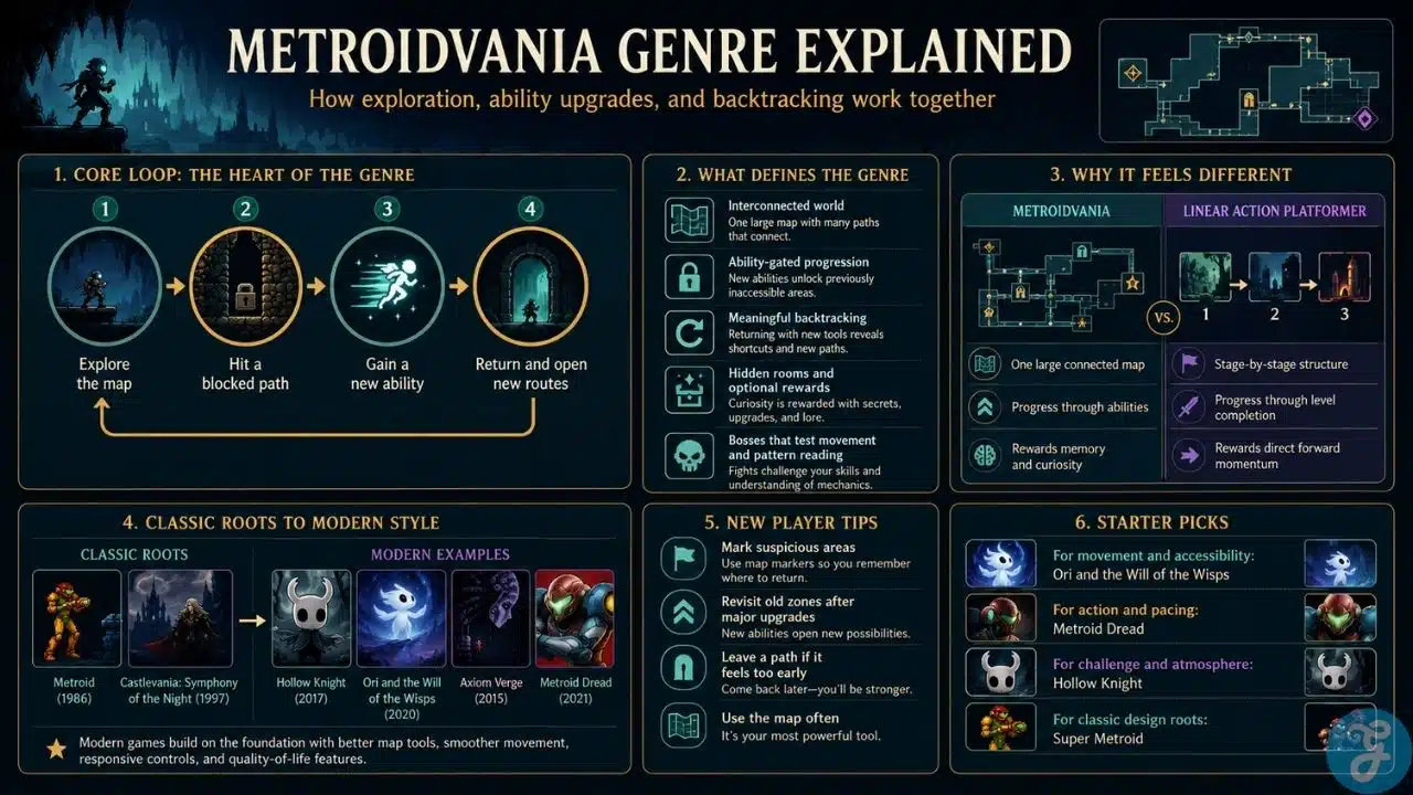 Metroidvania genre explained infographic showing ability-based progression, interconnected maps, backtracking, classic roots, modern examples, and beginner tips for exploring the genre.