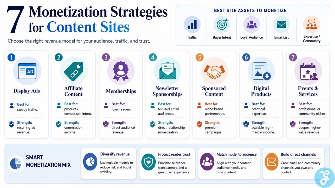 Infographic showing monetization strategies for content sites, including ads, affiliate content, memberships, newsletters, sponsored content, products, and services.