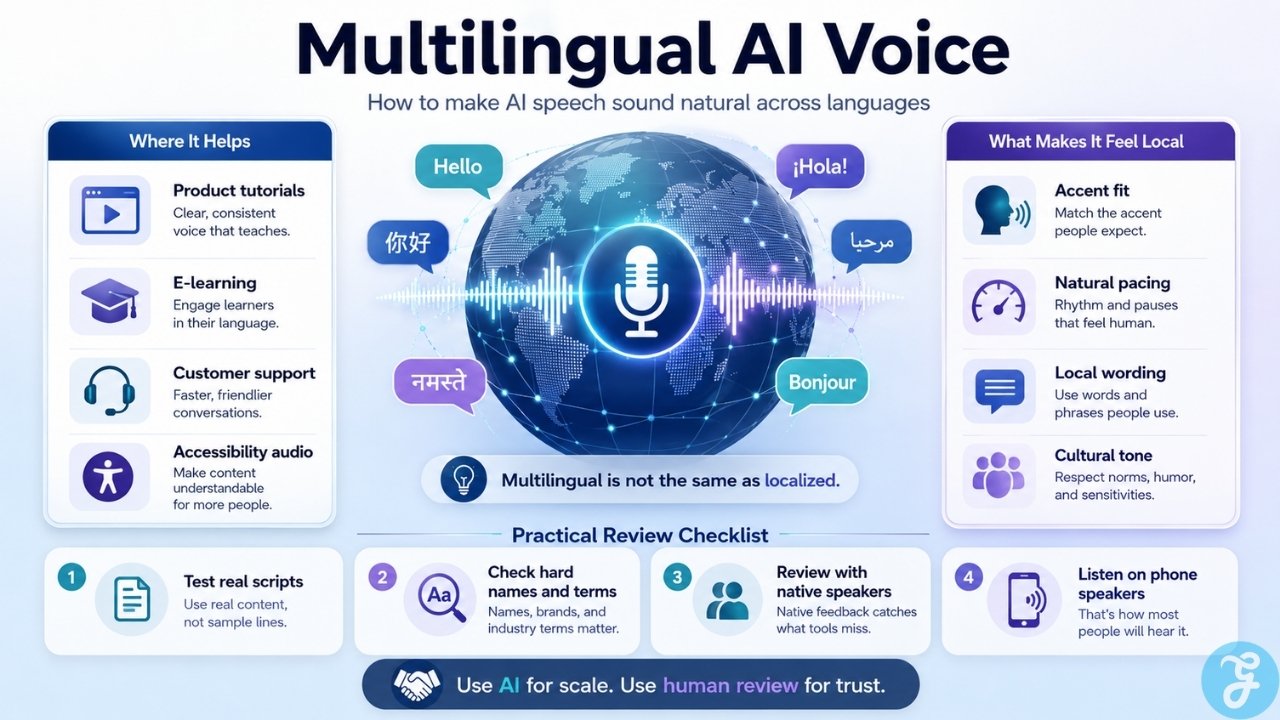 Infographic explaining multilingual AI voice, showing where it helps, what makes speech feel local, and a practical review checklist for localization quality.