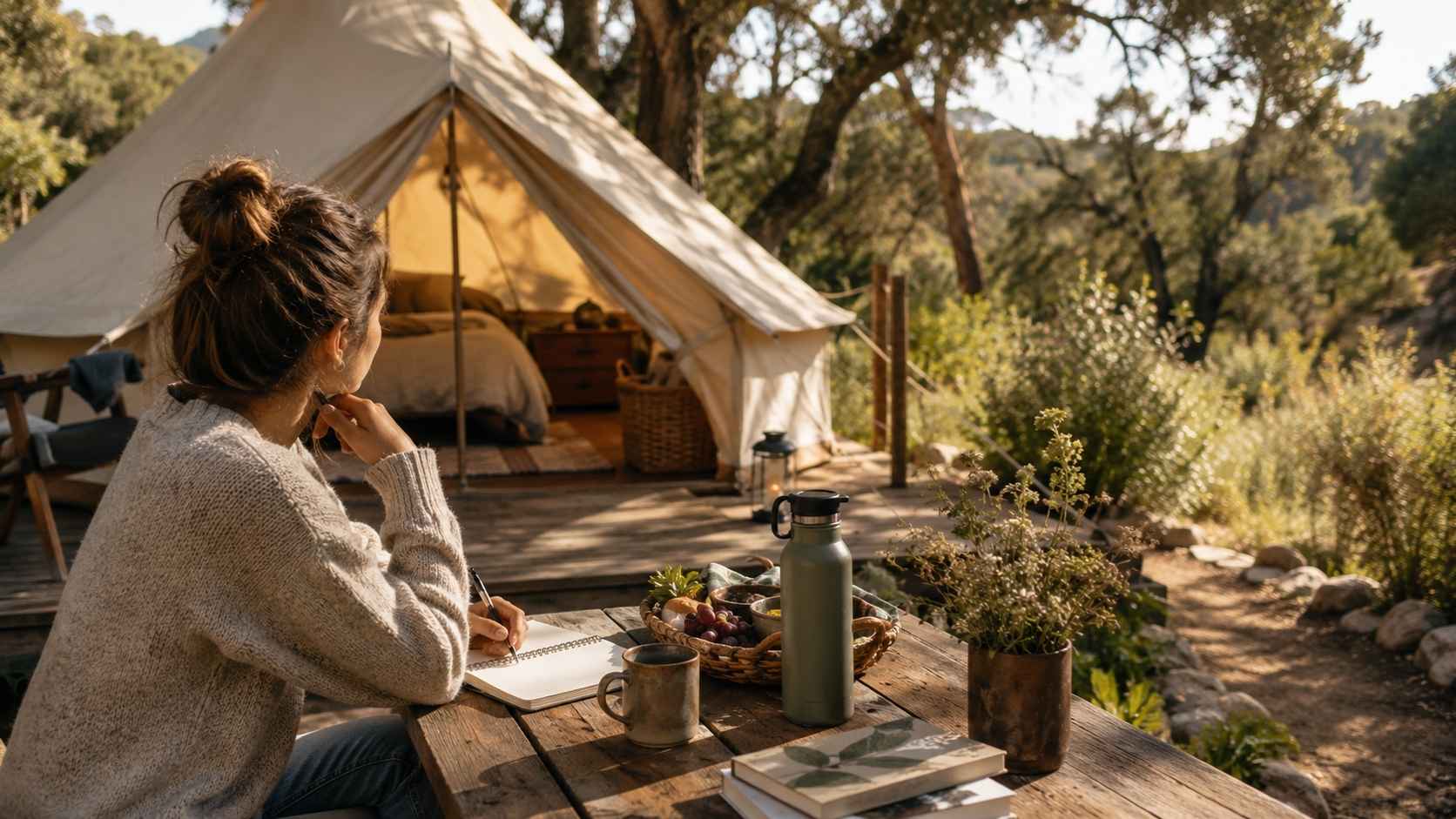 nature-positive glamping A traveler sits outside a glamping tent