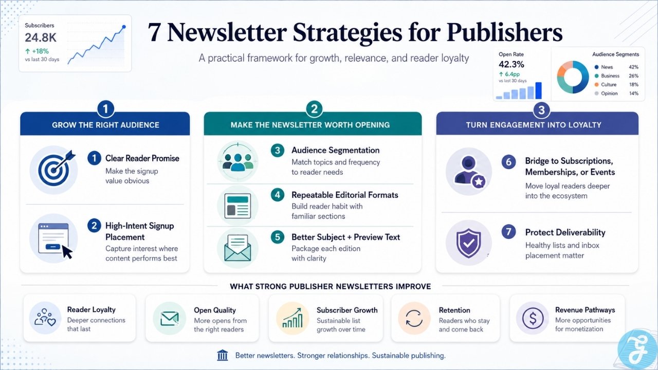 Infographic showing newsletter strategies for publishers focused on audience growth, segmentation, editorial formats, loyalty, and deliverability.