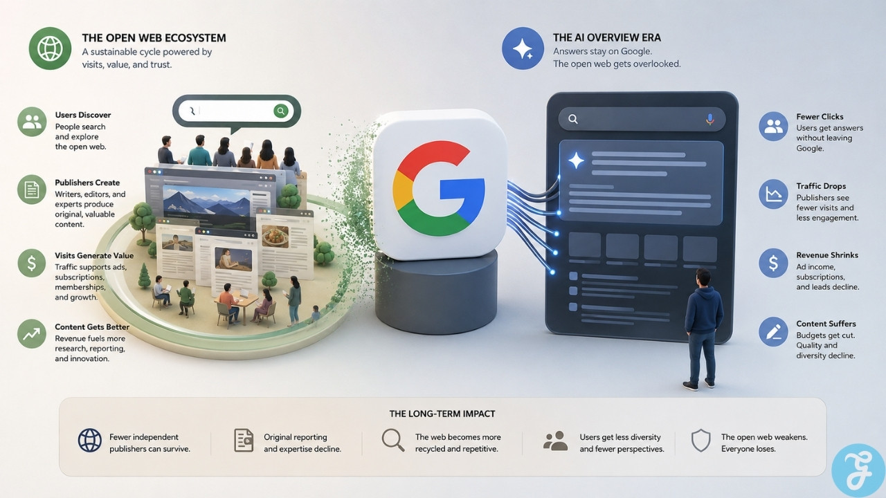 Infographic comparing the open web ecosystem with the AI Overview era, showing how fewer clicks, traffic drops, and shrinking revenue weaken publishers. Image name: open-web-vs-ai-overviews-impact-infographic