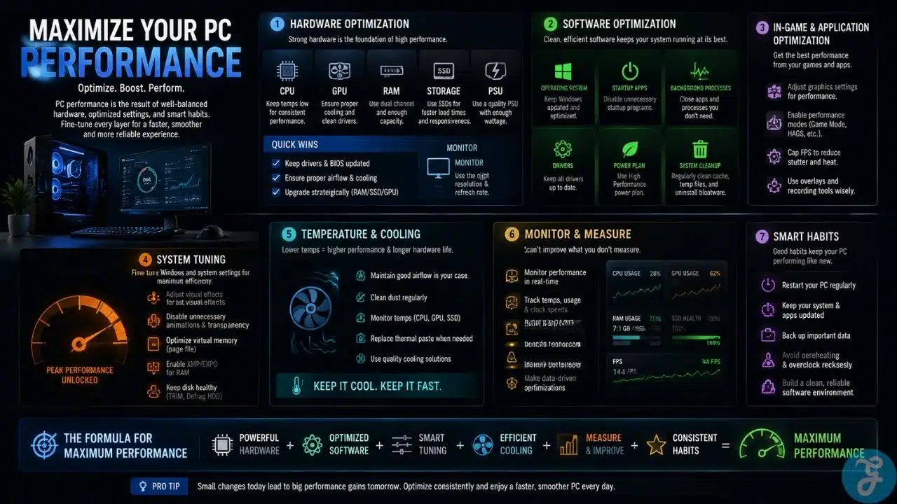Comprehensive infographic showing PC game performance optimization techniques, covering hardware setup, software tweaks, cooling management, monitor and measurement strategies, in-game settings, and smart habits to maximize FPS, stability, and responsiveness for gaming PCs.