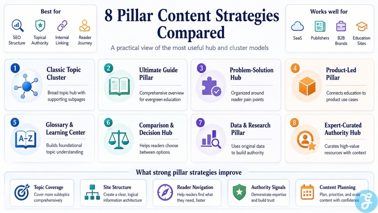 Infographic comparing pillar content strategies for topic clusters, guide pillars, problem solution hubs, product led content, and authority building.