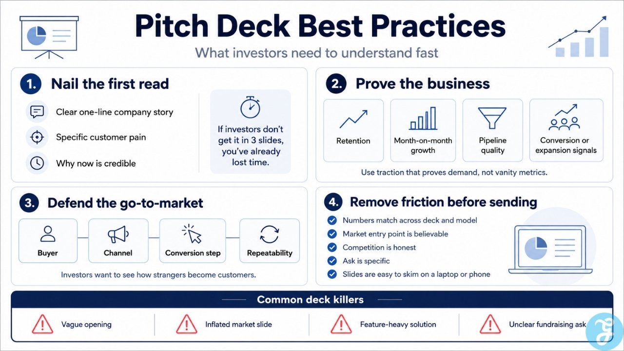 Pitch deck best practices infographic showing first-read clarity, business proof, go-to-market logic, investor trust signals, and common fundraising deck mistakes.