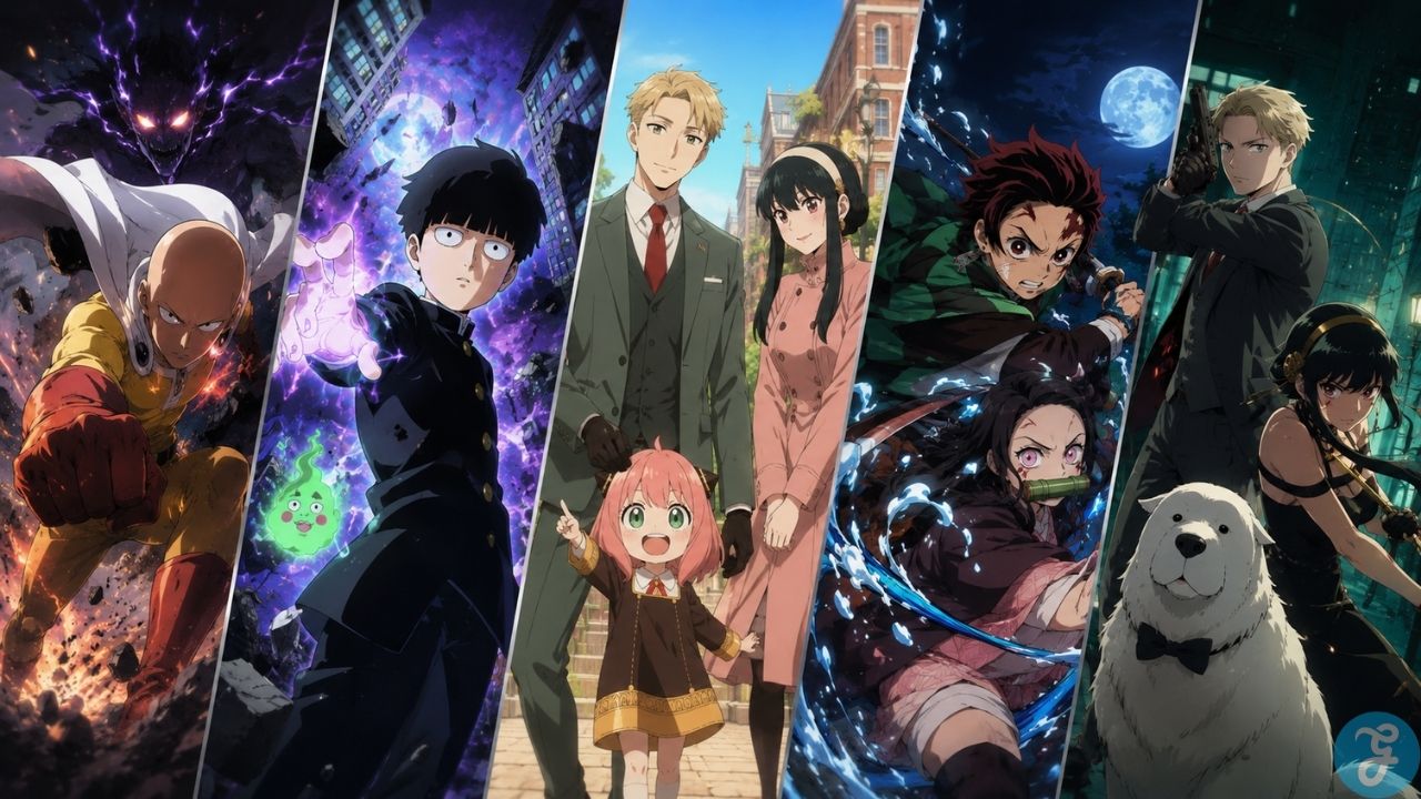 anime style body image showing action comedy anime series themes through city chaos, psychic energy, family comedy, and supernatural adventure