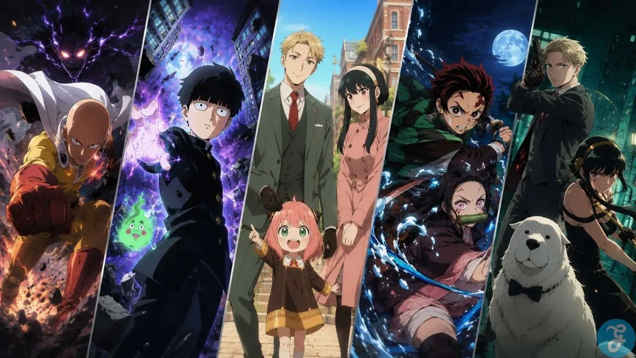 anime style body image showing action comedy anime series themes through city chaos, psychic energy, family comedy, and supernatural adventure
