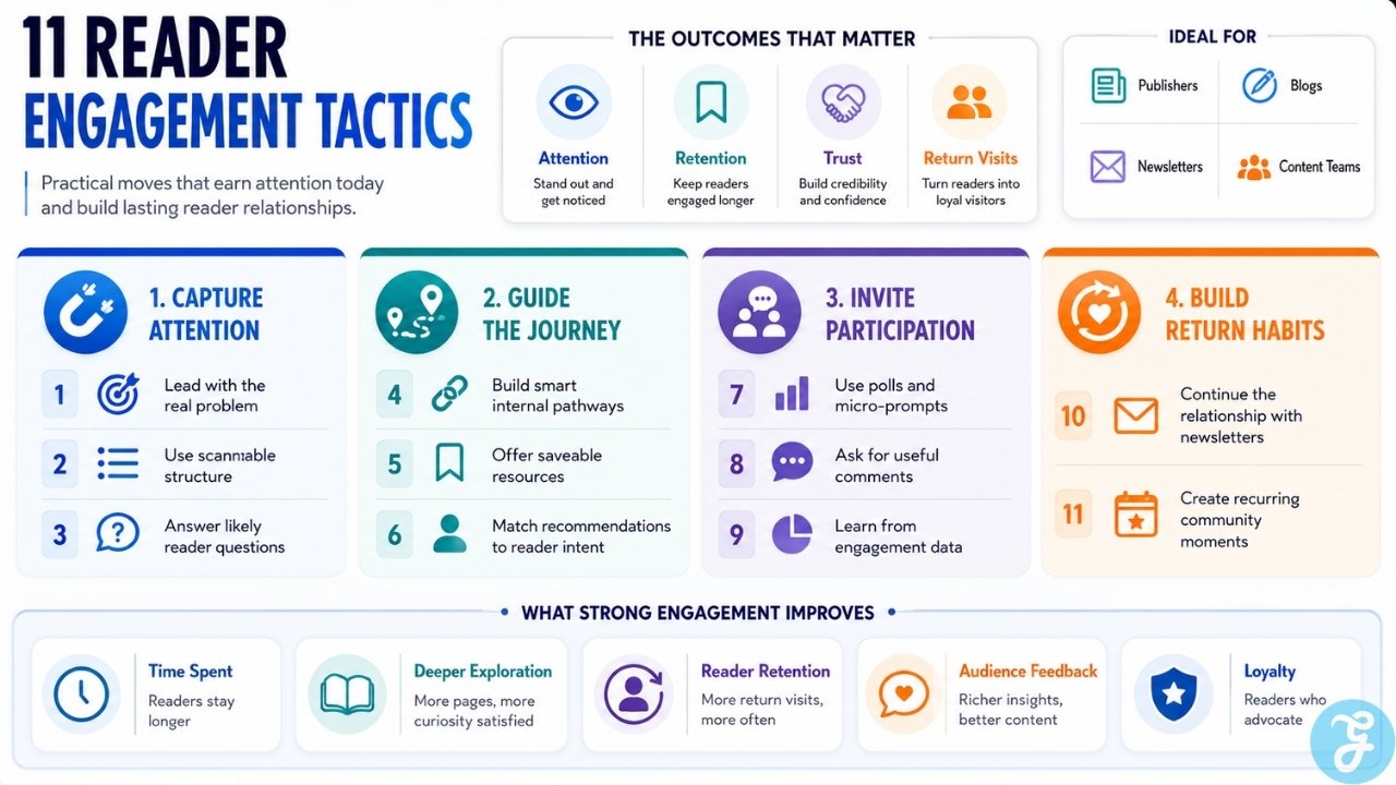 Infographic showing reader engagement tactics for capturing attention, guiding readers, inviting participation, and building return habits.