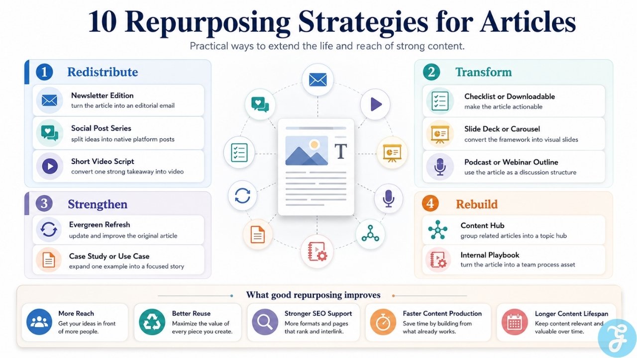 Detailed infographic on Repurposing strategies for articles.