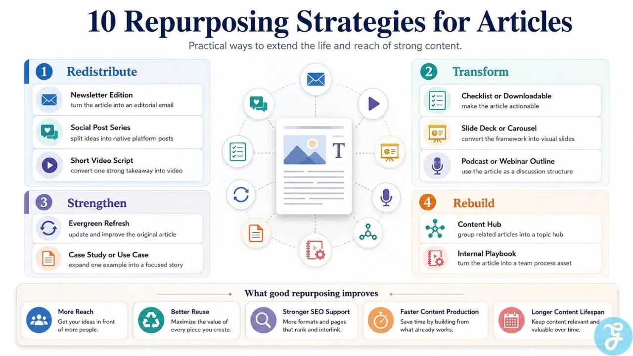 Detailed infographic on Repurposing strategies for articles.