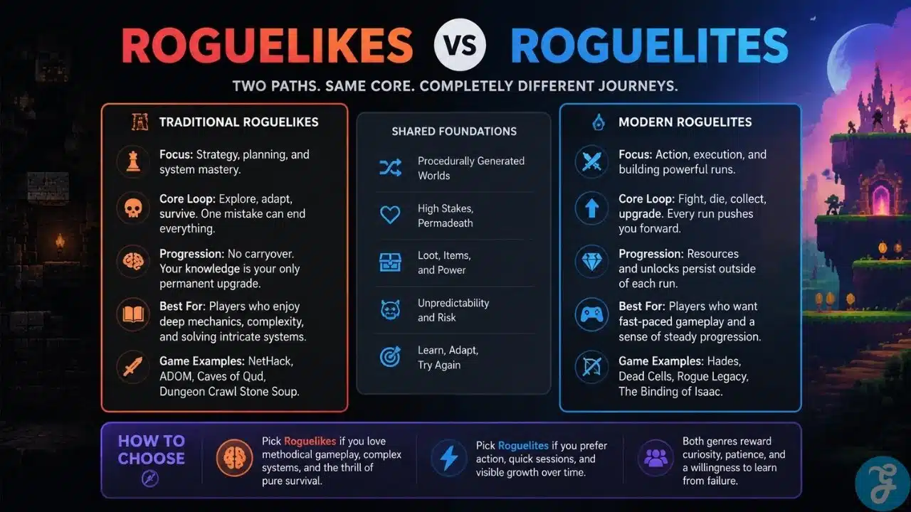 Clean infographic comparing Roguelikes and Roguelites, showing core differences in combat, movement, progression, and examples of each genre with side-by-side panels.
