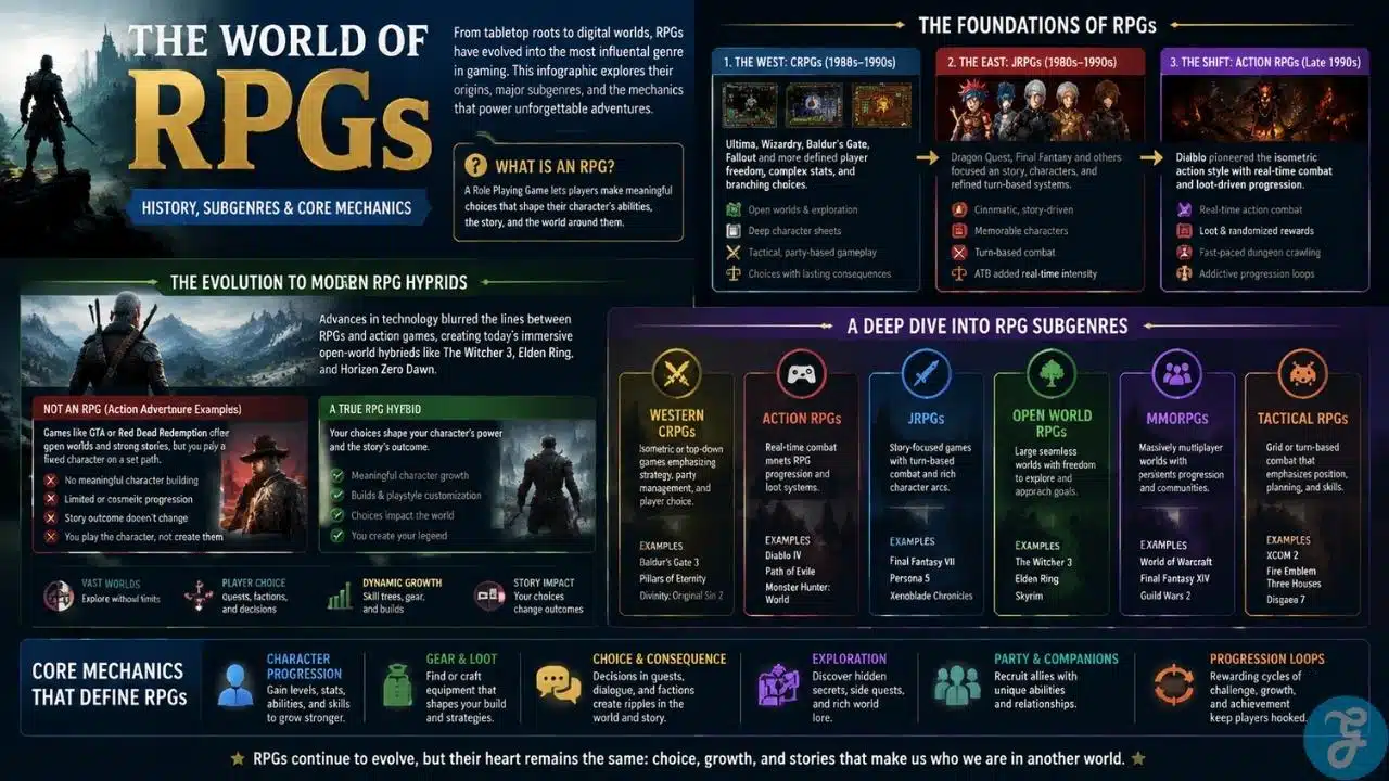 Infographic showing the evolution of RPGs, major subgenres, and core mechanics, from classic tabletop-inspired games to modern action hybrids, including visual examples of CRPGs, JRPGs, Action RPGs, MMORPGs, and Tactical RPGs.