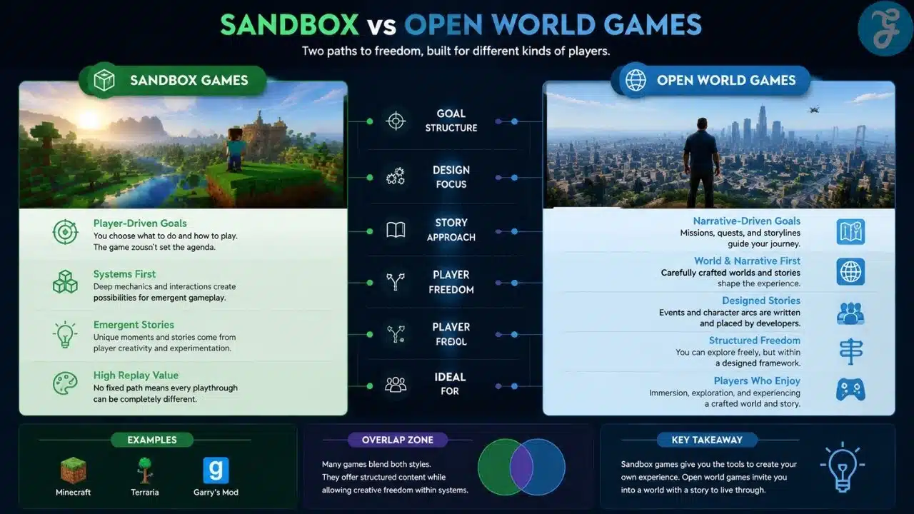 Detailed comparison infographic of sandbox vs open world games showing differences in game design, player goals, freedom levels, and narrative structure.