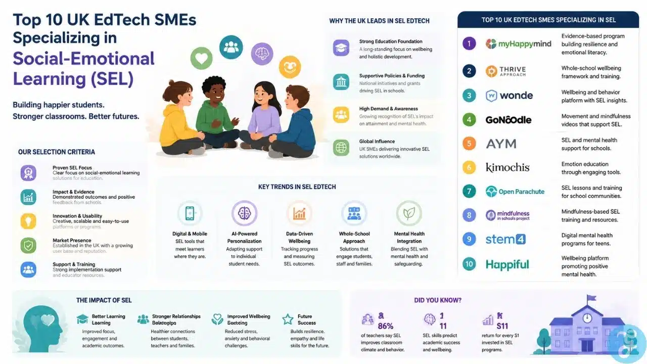 Infographic illustrating the top 10 UK EdTech SMEs in Social-Emotional Learning (SEL), highlighting selection criteria, trends, impact, and why the UK leads in SEL education, with colorful icons and a clean design