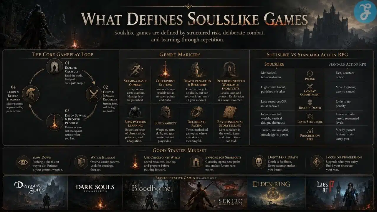Infographic explaining what defines Soulslike games, including stamina combat, checkpoints, death penalties, boss learning, shortcuts, build variety, and genre comparisons.