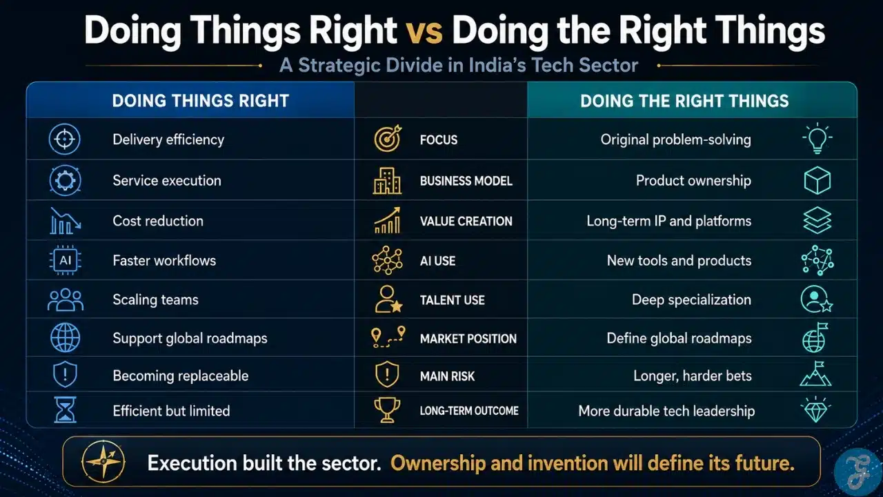 Diagram showing the contrast between “Doing Things Right” with efficiency, scale, and execution versus “Doing the Right Things” with product ownership, intellectual property, and innovation in India’s tech sector.