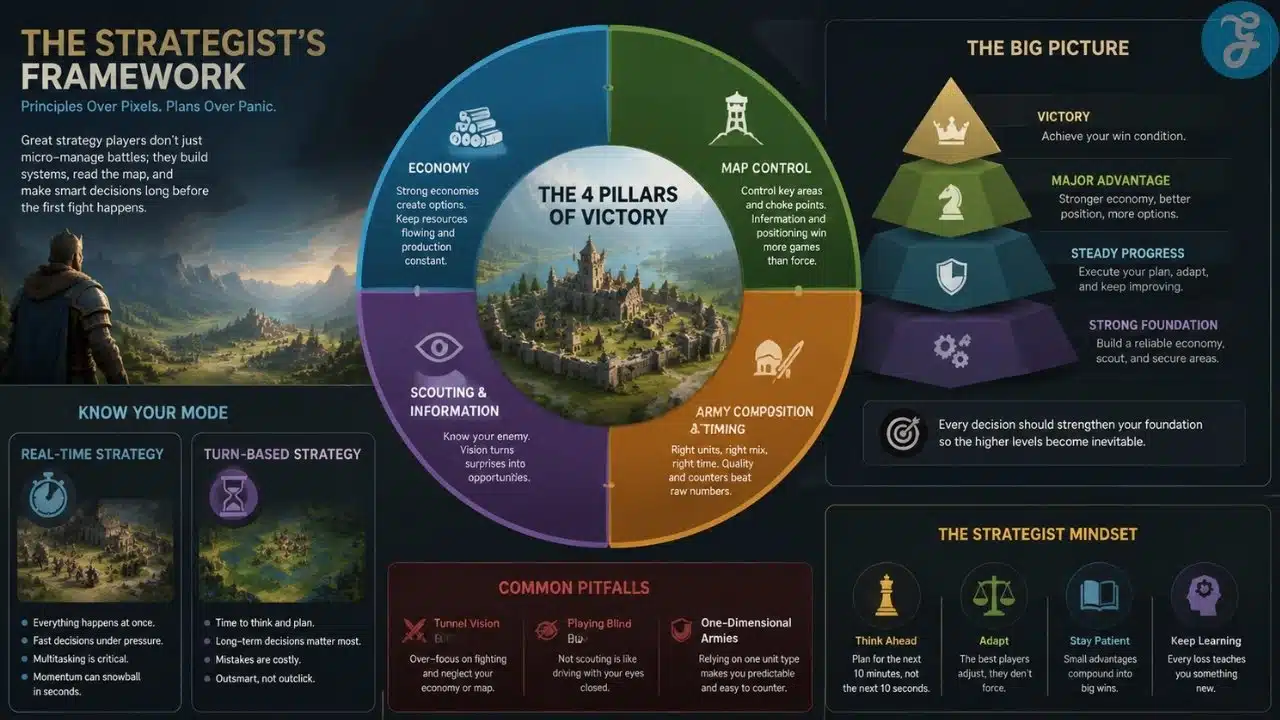 A modern infographic explaining strategy game fundamentals, including economy, map control, scouting, and unit composition, arranged around a central strategic framework.