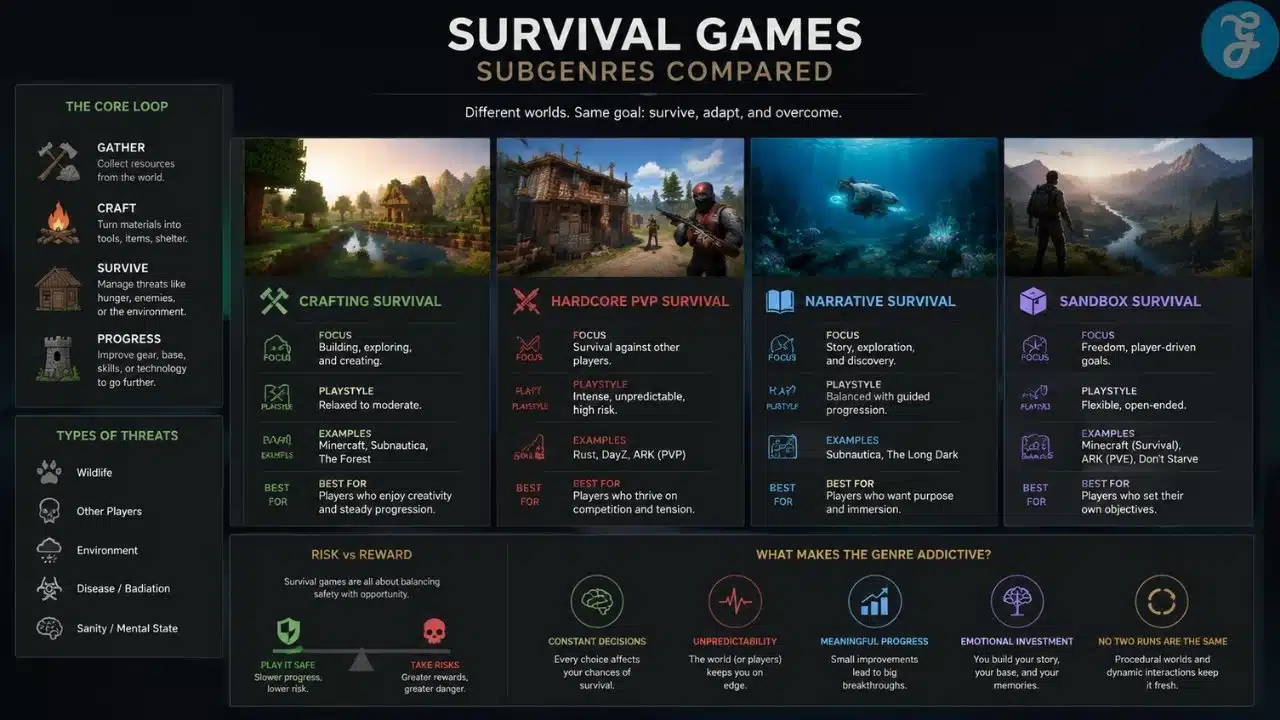 Survival games infographic comparing crafting survival, hardcore PvP survival, narrative survival, and sandbox survival subgenres with examples, gameplay focus, and key differences in player experience and mechanics.