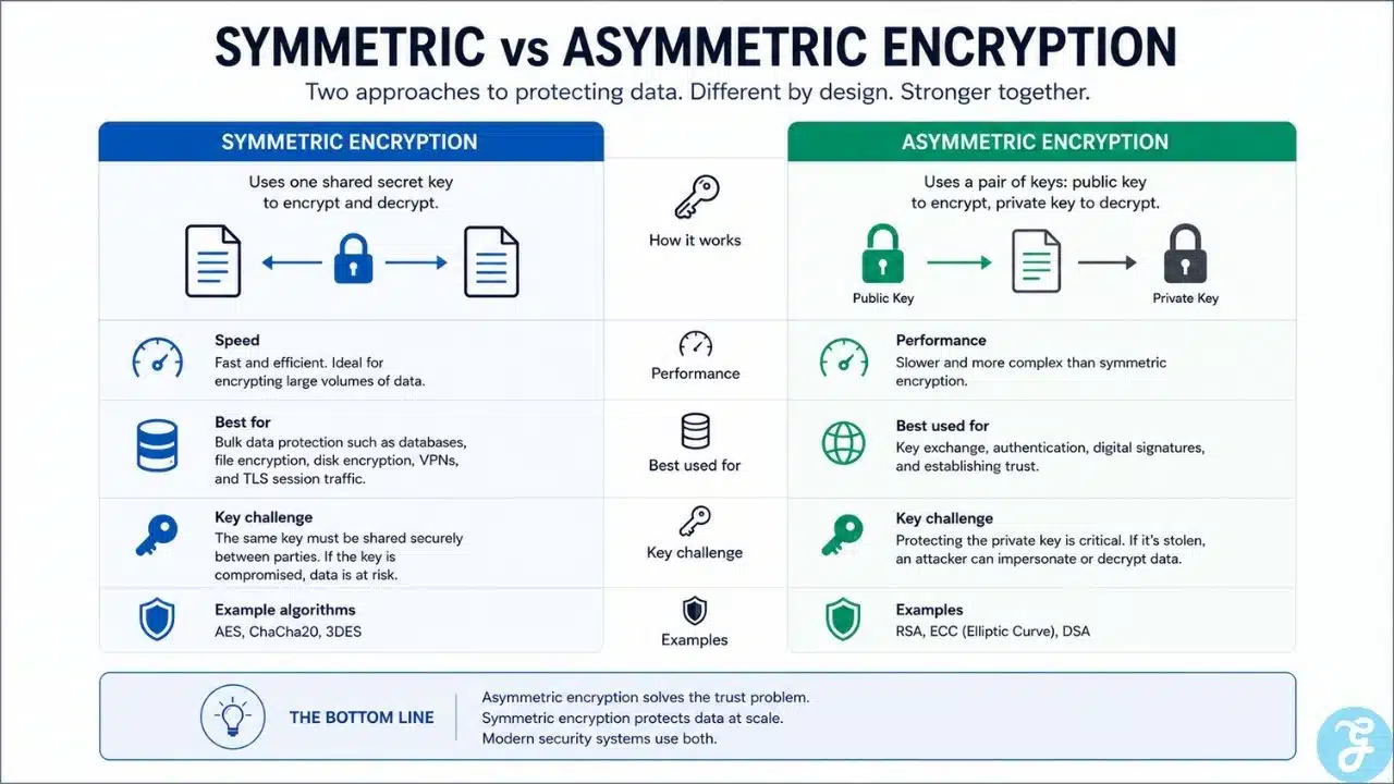 Symmetric vs asymmetric encryption comparison showing keys, speed, use cases, and security challenges.