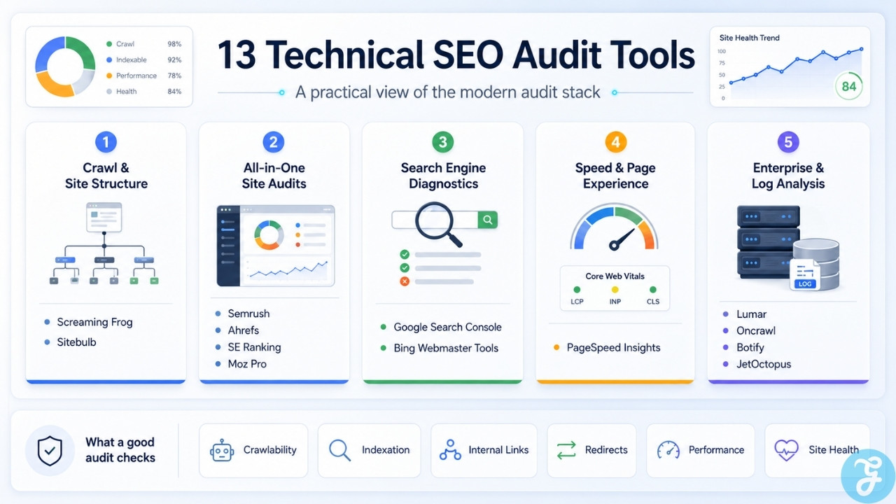 Infographic showing technical SEO audit tools grouped by crawl structure, all-in-one audits, search engine diagnostics, page speed, and enterprise log analysis.