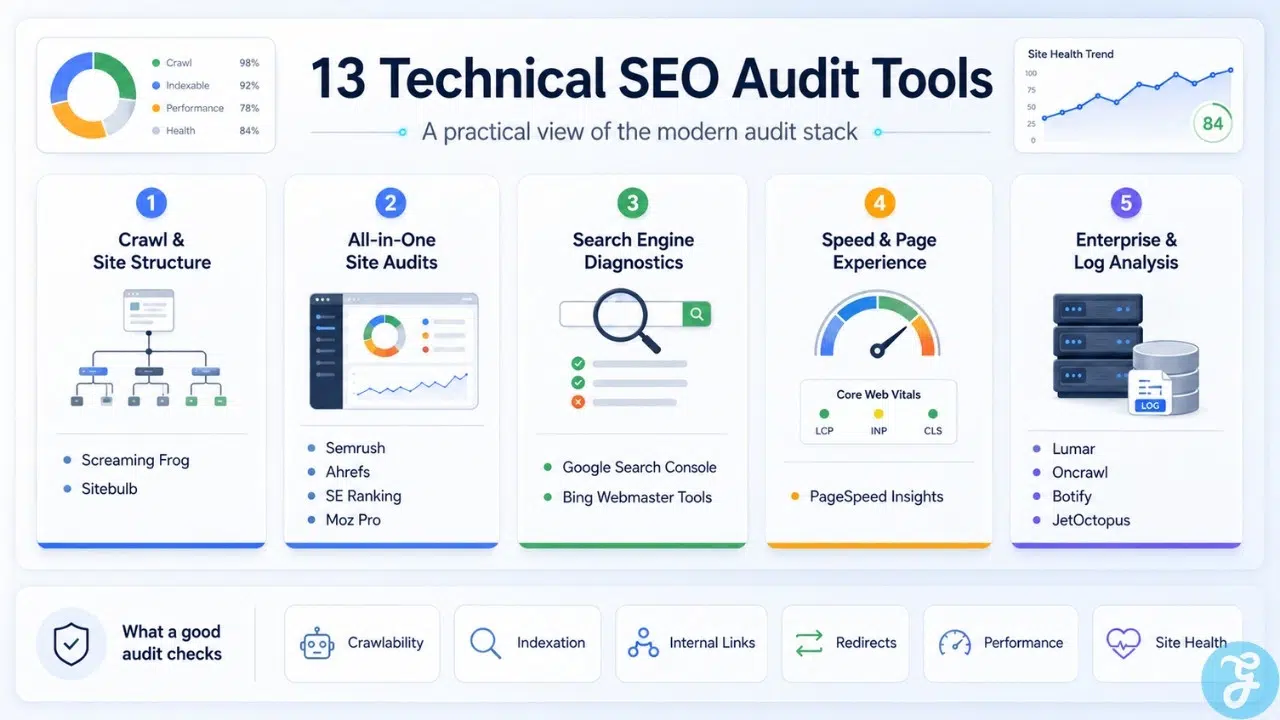 Infographic showing technical SEO audit tools grouped by crawl structure, all-in-one audits, search engine diagnostics, page speed, and enterprise log analysis.