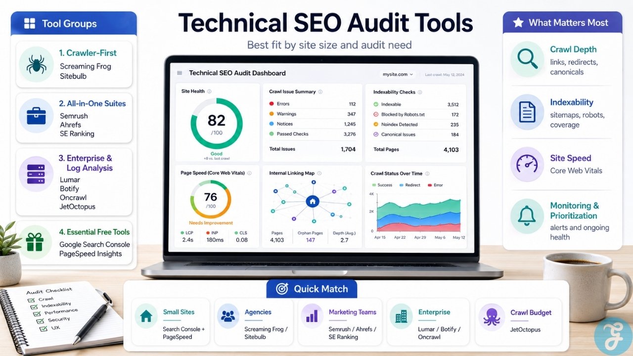Infographic explaining technical SEO audit tools by tool group, audit priority, and use case, including crawler-first tools, SEO suites, enterprise platforms, and free Google tools.