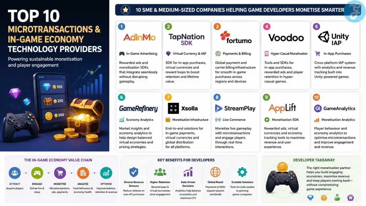 Top 10 game monetisation and in-game economy technology providers helping developers manage payments, virtual currencies, analytics, and player engagement