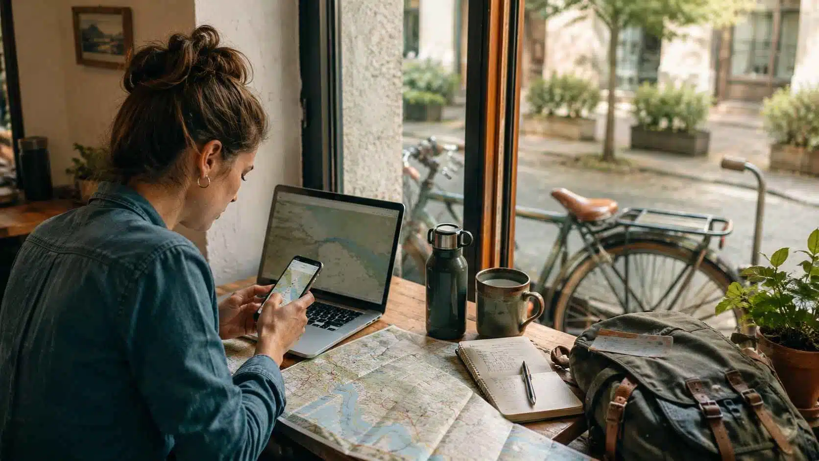 A traveler plans a slow travel route on a laptop and smartphone at a café table with a map, notebook, and reusable water bottle.