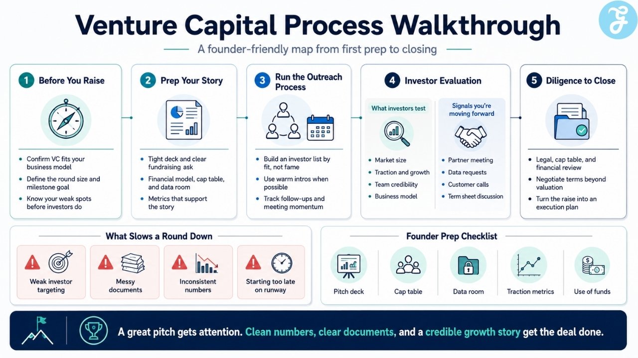 Venture capital process infographic showing founder prep, investor outreach, VC due diligence, common fundraising delays, and closing checklist.
