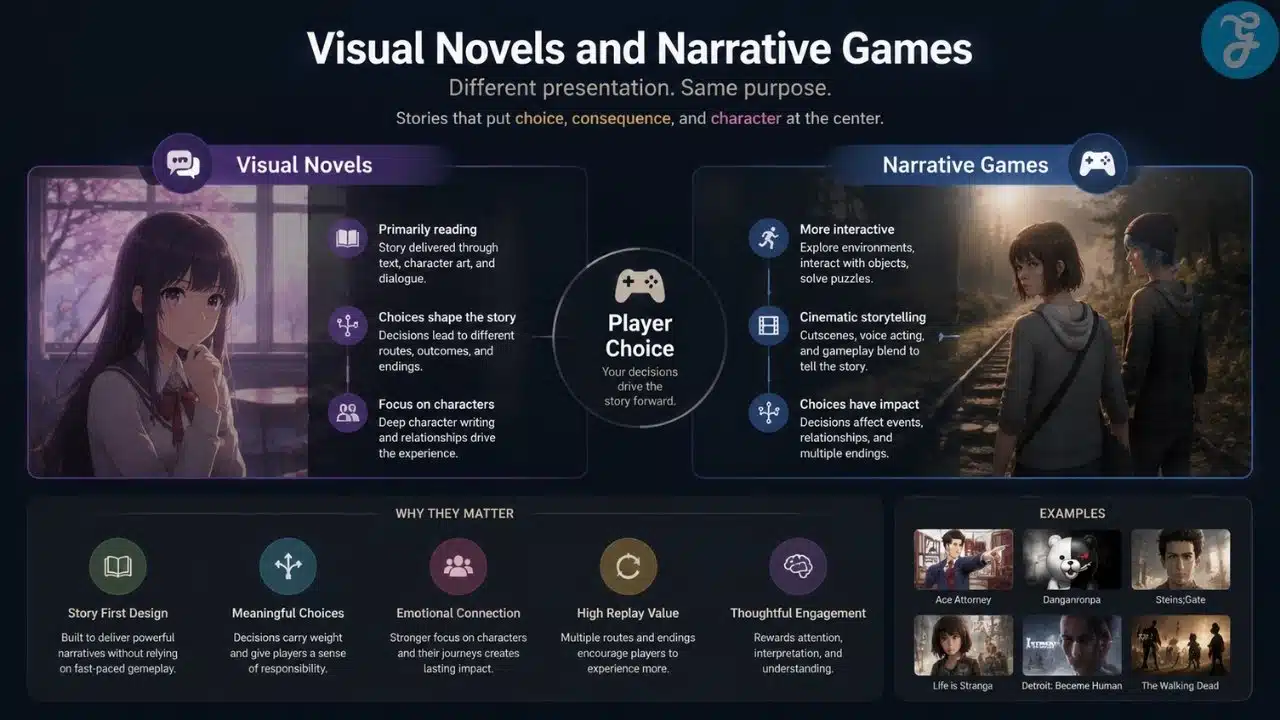 Infographic comparing visual novels and narrative games, highlighting story-driven gameplay, player choice systems, character focus, and branching narrative structures in modern gaming.