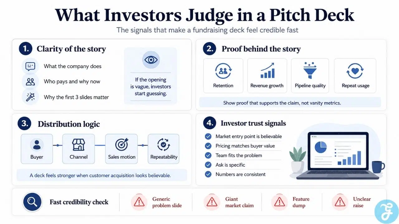 Infographic explaining what investors judge in a pitch deck, including story clarity, traction proof, distribution logic, trust signals, and deck credibility checks.
