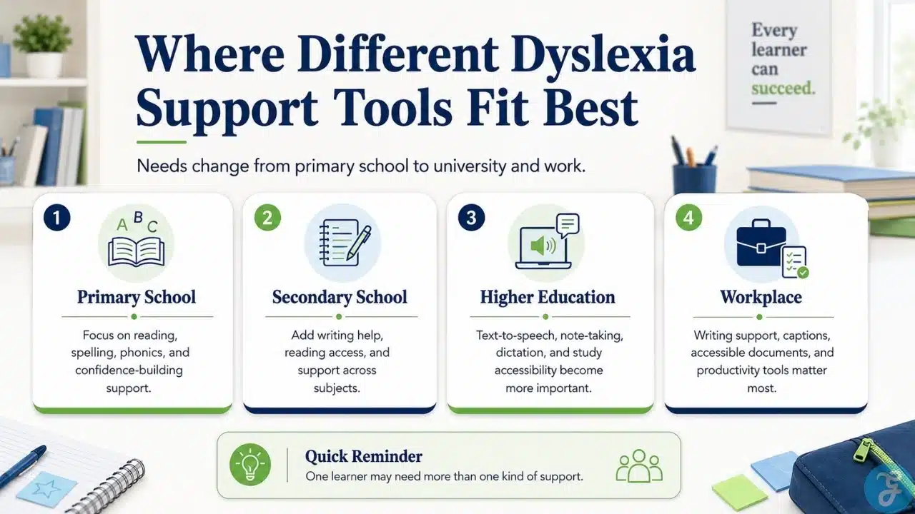 Infographic showing where dyslexia support tools fit from school to workplace
