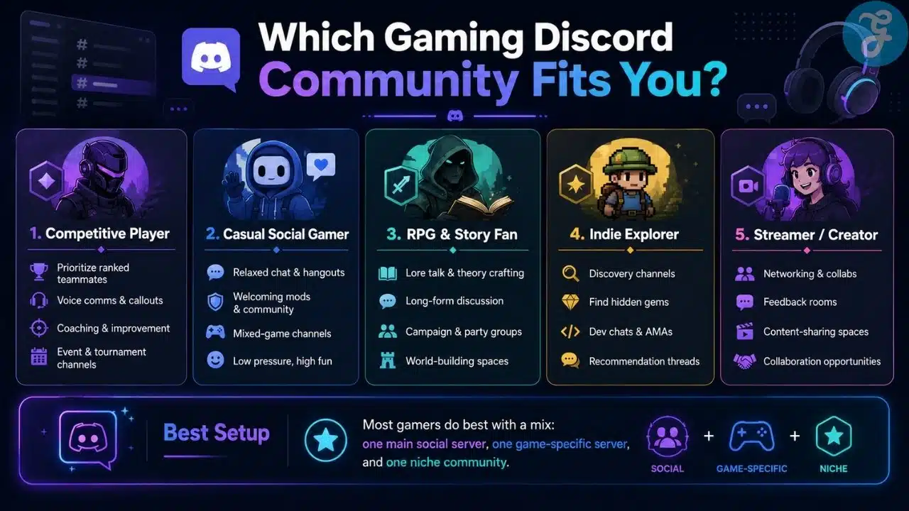 Modern infographic guiding gamers to find which Discord community fits them best, highlighting casual, competitive, RPG, streaming, and mobile-focused servers.