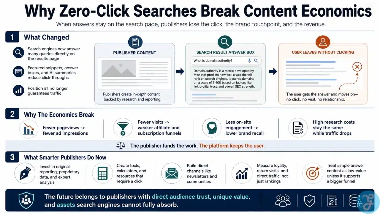 Infographic explaining how zero-click searches reduce publisher clicks, weaken brand visibility, and force media teams to build direct audience trust.