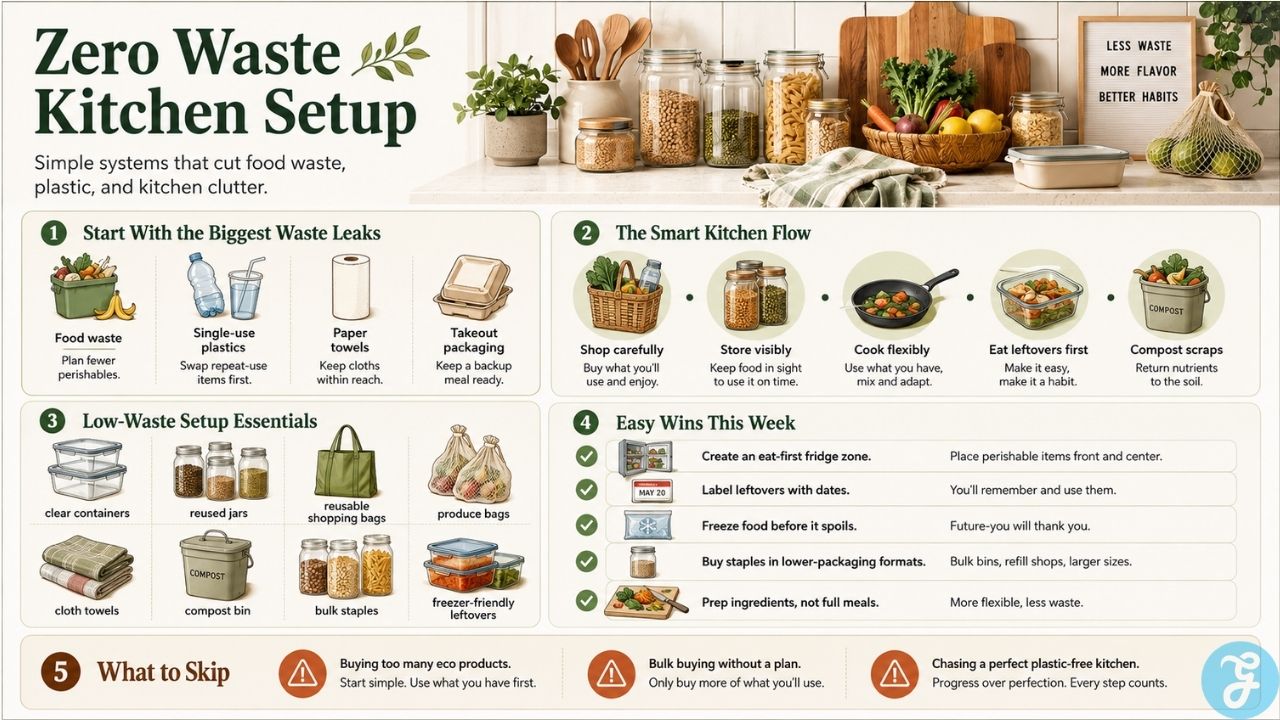 Zero waste kitchen setup infographic showing practical ways to reduce food waste, single use plastic, paper towels, and kitchen clutter