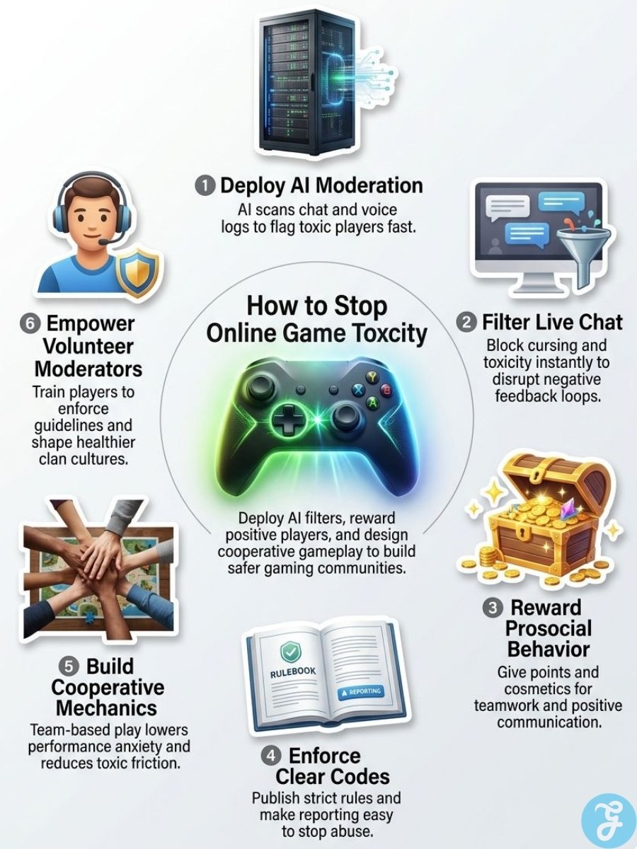 Infographic explaining six practical ways game companies can prevent toxic behavior and build safer communities.