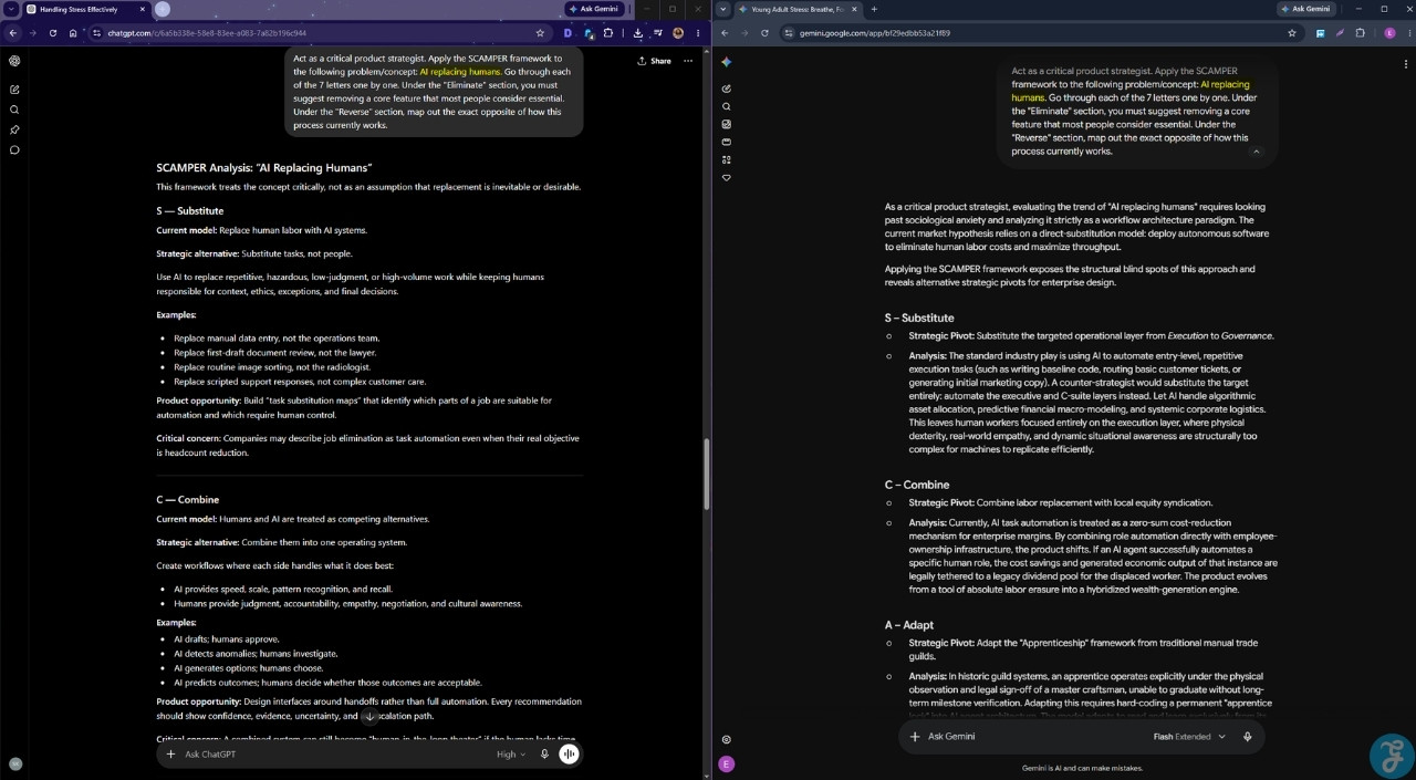 Brainstorming prompt 1 being used on ChatGPT and Gemini