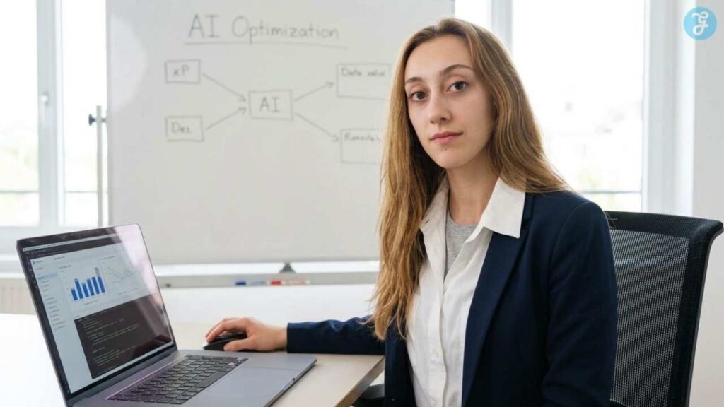 Woman reviewing search analytics on a laptop while planning an AI crawler optimization strategy in a modern office.