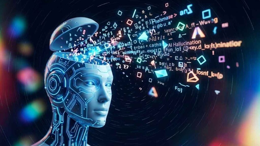 Futuristic AI robot generating distorted symbols and unreliable data, illustrating how AI hallucinations create convincing but false information.