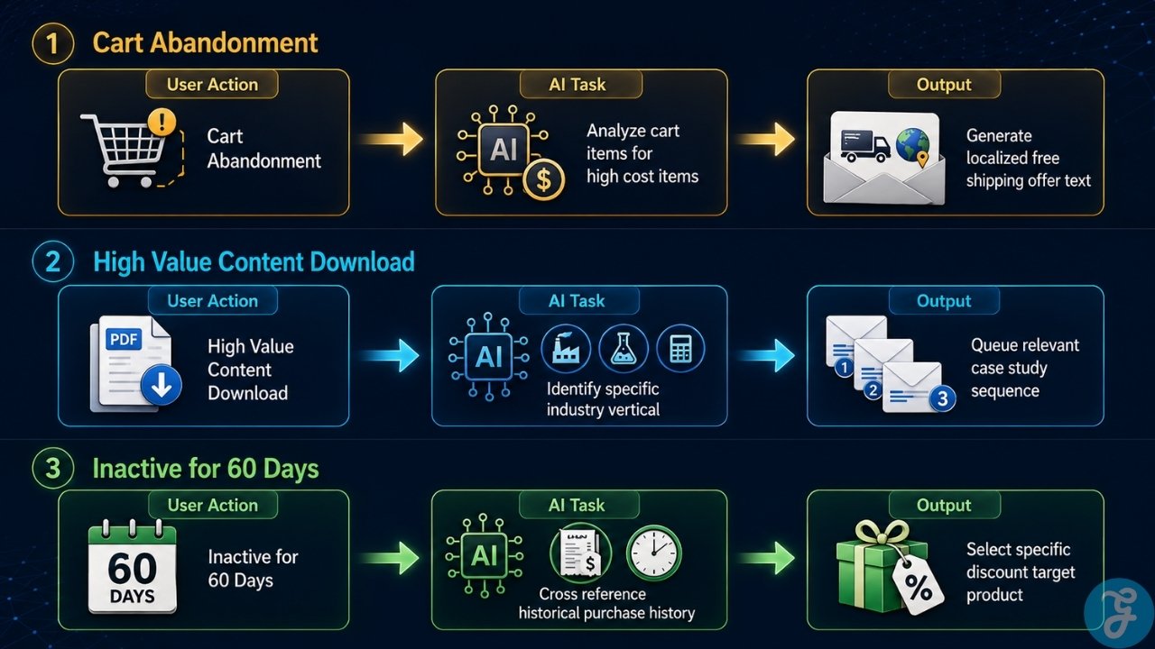 AI email workflow infographic showing how cart abandonment, content downloads, and inactivity trigger personalized shipping, case study, and discount campaigns.
