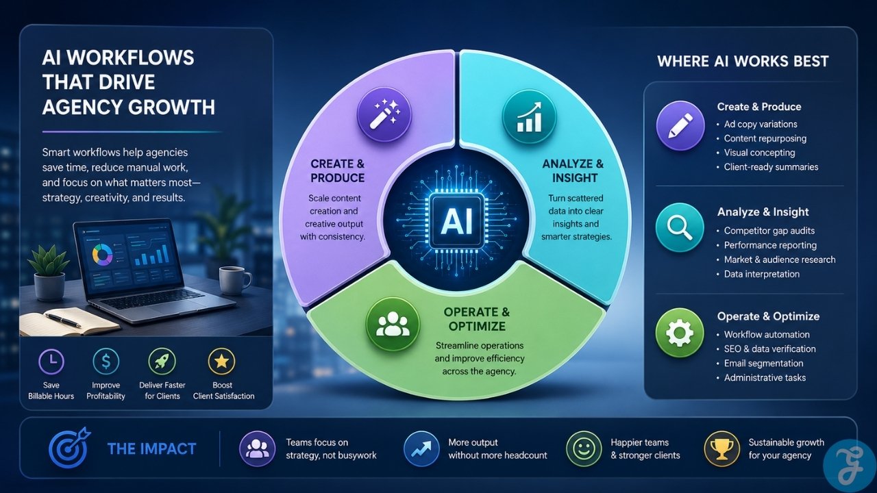 Infographic organizing agency AI workflows into content production, data analysis, and operational optimization to explain their practical business value.