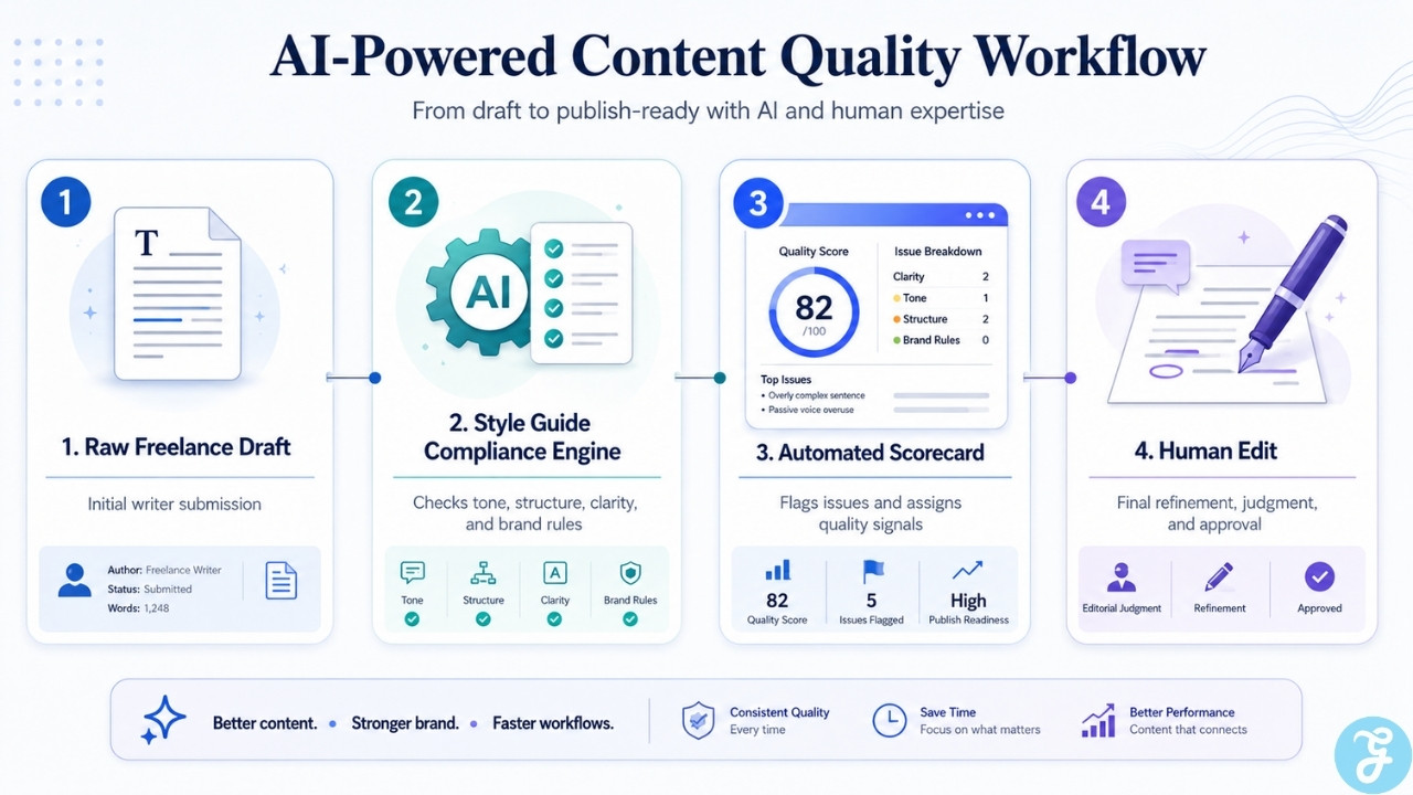 AI workflow showing a freelance draft moving through style guide checks, automated scoring, and final human editing.
