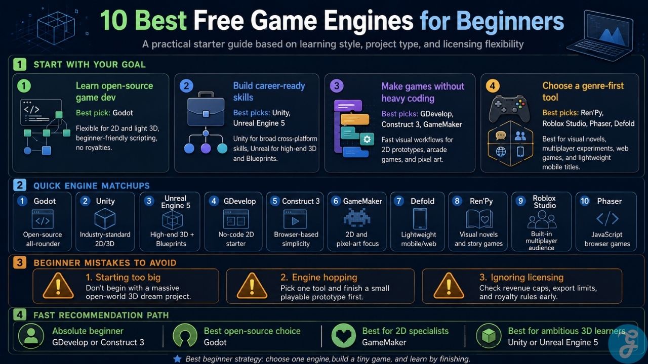 Visual guide matching beginner goals and project types with suitable free game engines and common mistakes to avoid.