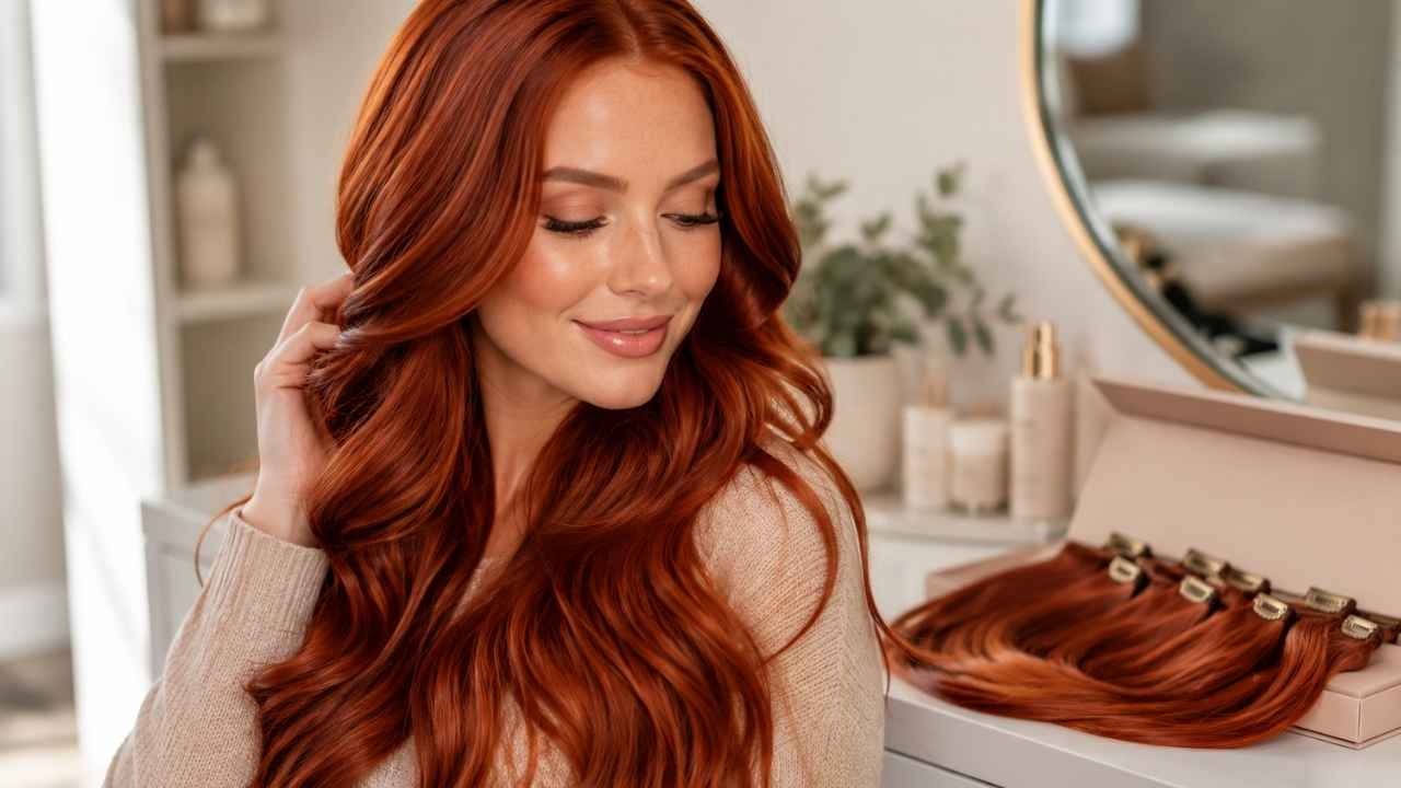 Woman with red hair choosing clip in red hair extensions